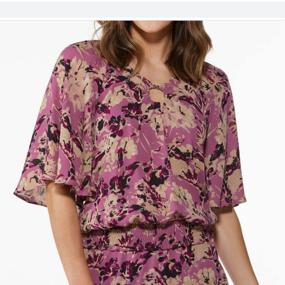 Purple Black Beige Print Top Blouse Size L NWT